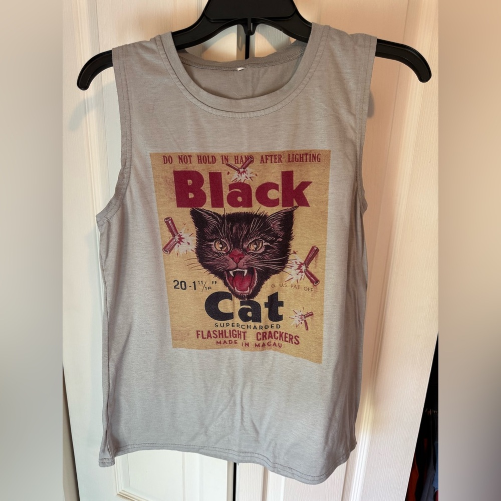 SHEIN Light Gray Tank with Red & Black Vintage Cat Graphic